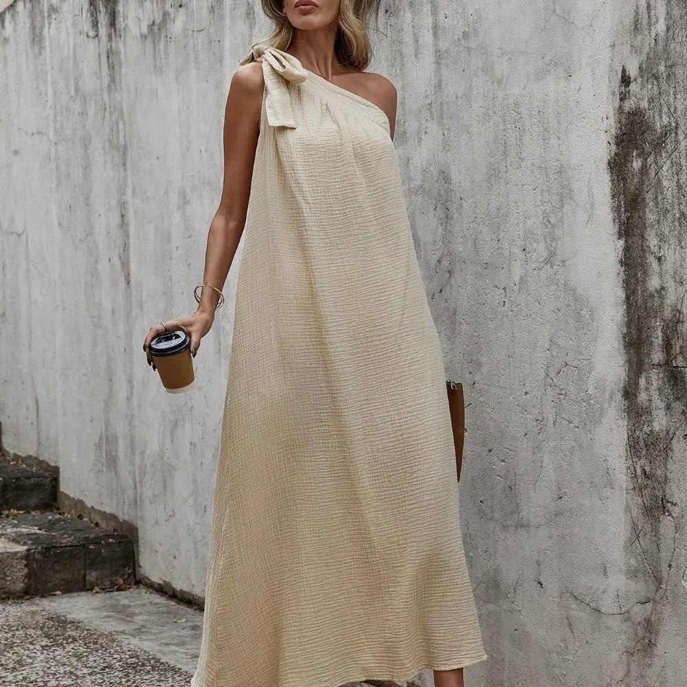 Apricot Preppy Womens One Shoulder Knot Side Dress - Picture 5 of 5